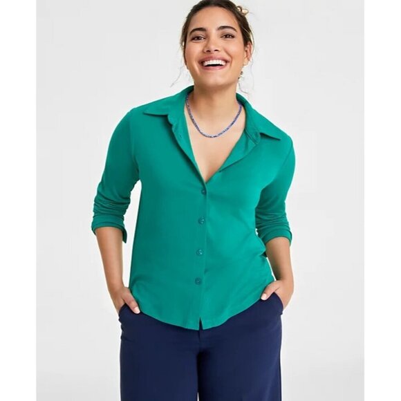 On 34th Womens Size Medium Button Down Long-Sleeve Knit Shirt in Green 1261 - Picture 1 of 7